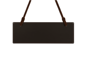 Minimalist black signboard with brown leather straps on transparent background