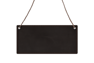 Minimalist signboard with brown strings and metallic fasteners on transparent background