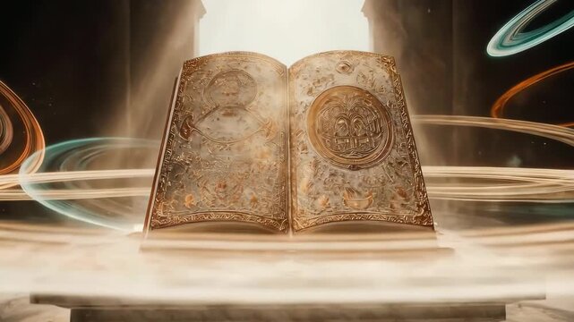A mystical book rests on a pedestal, with ethereal rings swirling around it