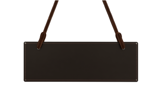 Minimalist black signboard with brown leather straps on transparent background