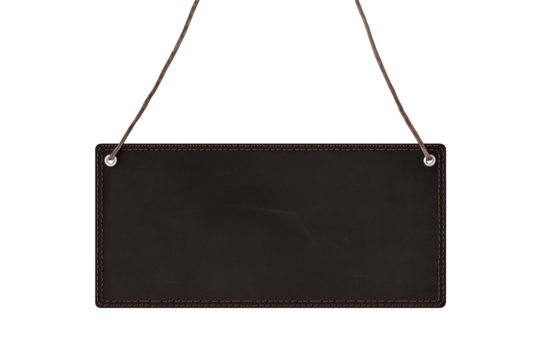 Minimalist signboard with brown strings and metallic fasteners on transparent background