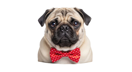 Cute pug dog with red polka dot bow tie isolated PNG with Transparent Background