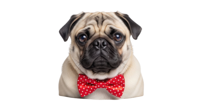 Cute pug dog with red polka dot bow tie isolated PNG with Transparent Background