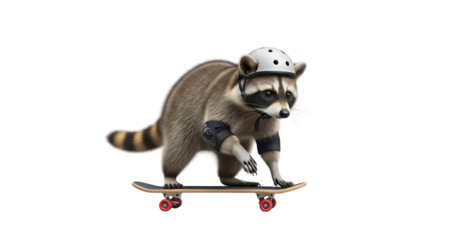 Raccoon on a skateboard wearing safety gear isolated PNG with Transparent Background