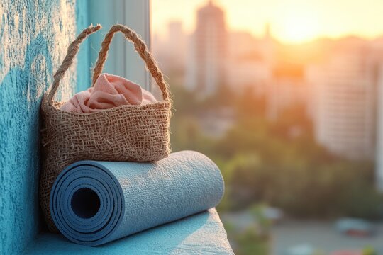 Yoga mat, basket, towel on ledge, bathed in golden city sunset glow, ready for peaceful urban wellness.