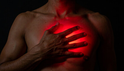 Person holding hand on chest with red glow. Breath awareness and inner calm concept.