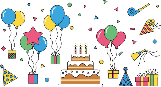Festive birthday party celebration with cake balloons and colorful gifts