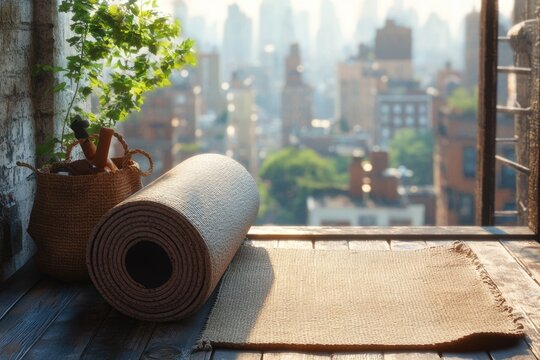 Peaceful urban yoga setup with a mat and plant on a wooden balcony overlooking a city skyline, promoting wellness and mindfulness.