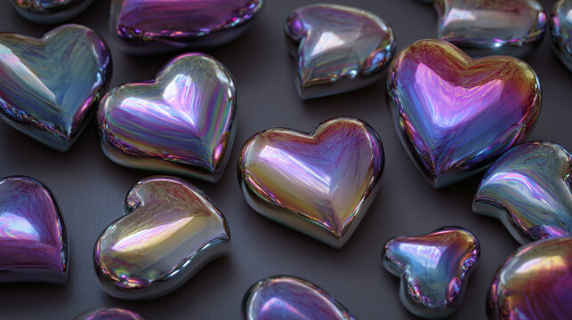 An array of metallic, iridescent hearts scattered on a dark surface, symbolizing love, romance, and affection