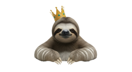Cute sloth wearing a golden crown isolated PNG with Transparent Background