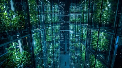 Vertical skyscraper farm glowing at night