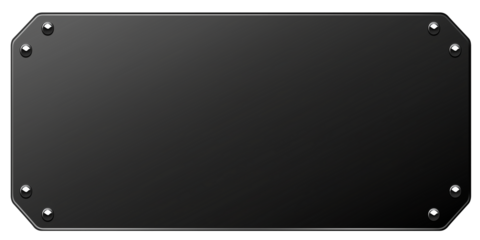 Sleek rectangular metallic plaque with high-gloss black finish and beveled edges on transparent background