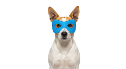 Jack Russell terrier wearing a blue superhero mask isolated PNG with Transparent Background
