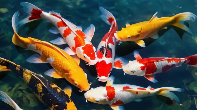 Colorful Koi Fish in Pond: A vibrant collection of koi fish gracefully swim in a tranquil pond, their scales displaying an array of brilliant colors and patterns as they move through the clear water.