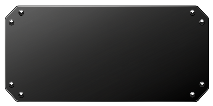 Sleek rectangular metallic plaque with high-gloss black finish and beveled edges on transparent background