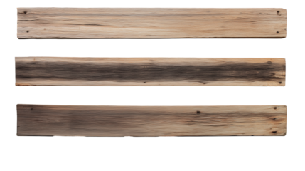 Three weathered wooden planks with staggered vertical composition on transparent background