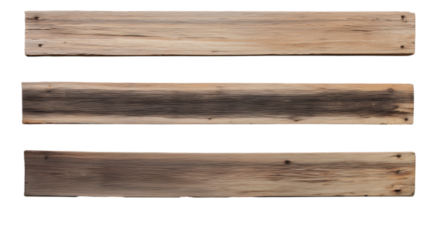 Three weathered wooden planks with staggered vertical composition on transparent background