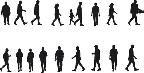Silhouettes of people walking standing, multiple human figures in motion, casual postures daily activities, family child adult poses, cad drawing flat vector illustration