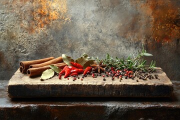 A rustic display of aromatic spices and fresh herbs, including cinnamon, red chilies, bay leaves, rosemary, and peppercorns, on an old wooden board.