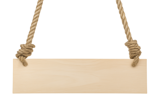 Rectangular wooden sign with braided ropes on transparent background