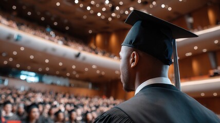 Graduate celebrating academic success, wearing black gown and cap, standing among cheering crowd in packed graduation venue