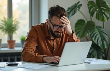 Frustrated businessman works intensely on laptop at home office. He appears stressed, overwhelmed while reviewing financial data. Man wears glasses, displays clear signs of mental fatigue during work.