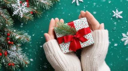 Woman wearing white woolen gloves holding a christmas gift with red ribbon and fir branch on green background with fir and snowflakes snowy branches