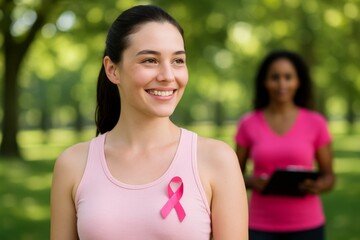 Smiling woman wearing pink ribbon for breast cancer awareness with supporter in background, both in pink shirts outdoors in park setting during event. Ai generative