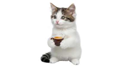 Cute kitten holding an espresso coffee cup isolated PNG with Transparent Background
