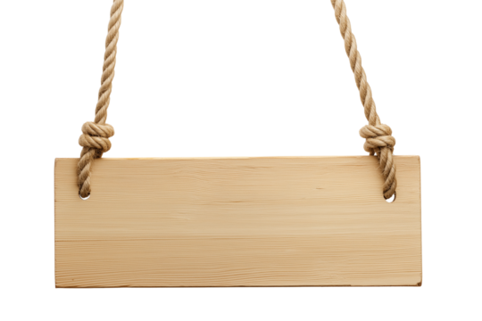 Rustic wooden sign with braided ropes on transparent background