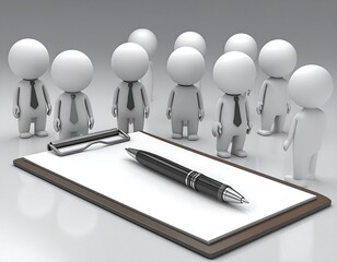 Group of generic figures stand near clipboard with pen. Symbolizes teamwork, planning