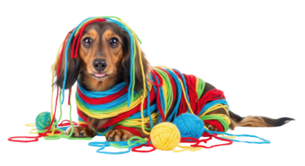 Funny dachshund dog tangled in colorful yarn isolated PNG with Transparent Background