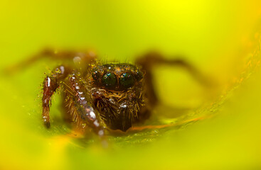 An aesthetically pleasing and impressive close-up photo of a spider. Spider species; Jumping spider. Natural background.