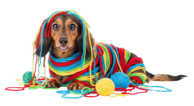 Funny dachshund dog tangled in colorful yarn isolated PNG with Transparent Background