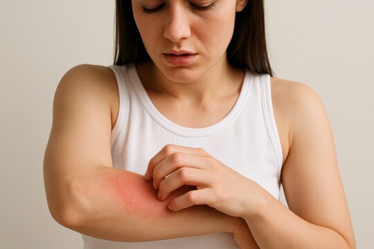 Woman scratching red irritated rash on forearm, showing skin allergy or eczema symptoms against a neutral background. Healthcare and medical concept. Ai generative