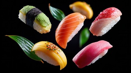 Various types of traditional japanese sushi and sashimi pieces floating a ingredients showcasing fresh black background,