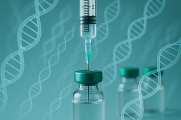 Medical syringe drawing liquid from vial with DNA helix background, symbolizing healthcare innovation and genetic therapy concept. Ai generative