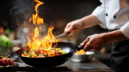 Chef stirring colorful vegetables a wok with professional tongs, creating a dramatic fiery display in kitchen dark setting