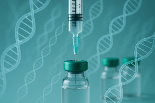 Medical syringe drawing liquid from vial with DNA helix background, symbolizing healthcare innovation and genetic therapy concept. Ai generative - Powered by Adobe