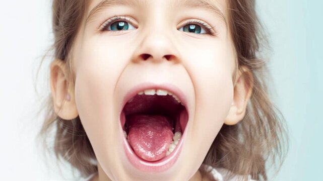 Close up view child opening mouth wide for oral examination, pediatric dentistry checkup concept showing healthy throat and tongue anatomy, close up medical inspection moment for healthcare, hygiene, 