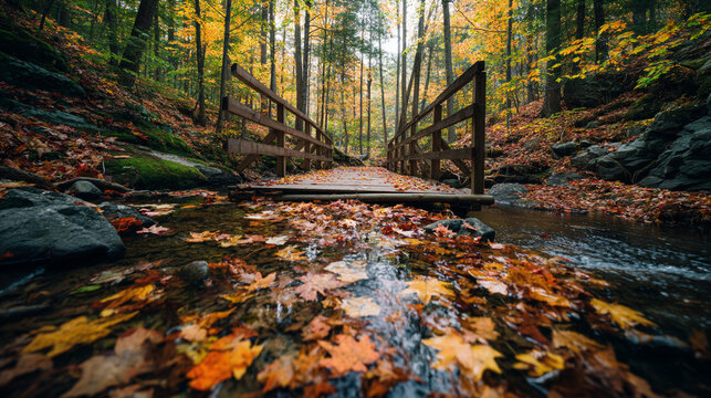 A wooden bridge over a stream covered in autumn leaves in a dense forest setting view low angle