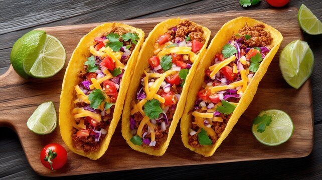 Three hard shell tacos filled with seasoned meat, fresh tomatoes, onions, cilantro, and crumbled lime with Served cheese