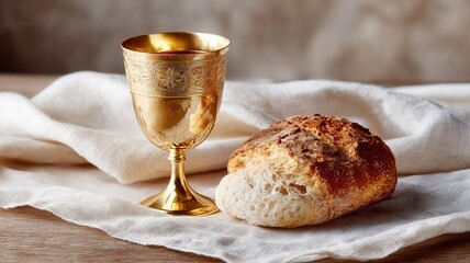 Holy communion bread slices a golden chalice with wine a white sacraments representing cloth, linen religious