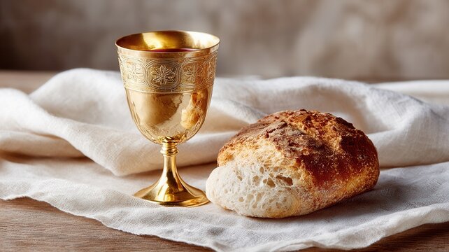Holy communion bread slices a golden chalice with wine a white sacraments representing cloth, linen religious