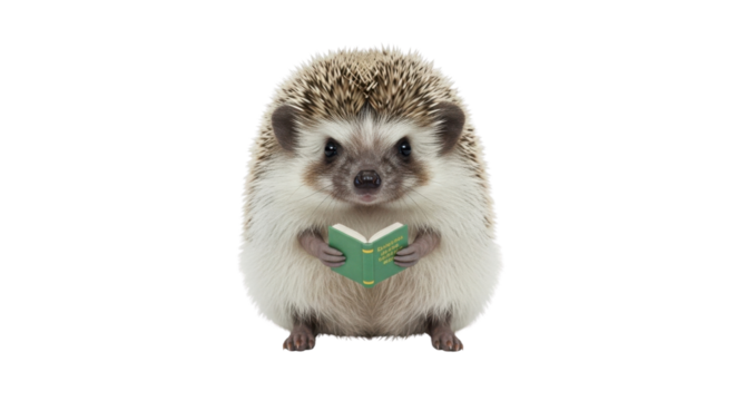 Adorable hedgehog reading a tiny green book isolated PNG with Transparent Background