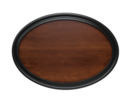 Round wooden tray with dark glossy rim on transparent background