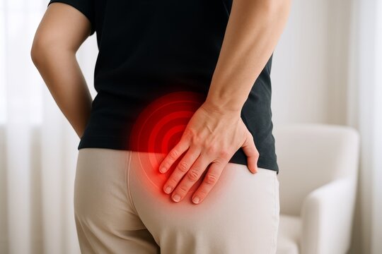 Woman suffering from hip pain holding lower back with red pain target symbol highlighting discomfort spot, concept of injury or sciatica pain relief. Ai generative