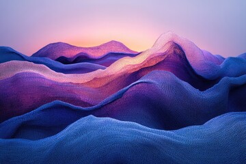 Vibrant abstract landscape of undulating textured fabric in shades of blue, purple, and pink, resembling flowing textile mountains at sunset.