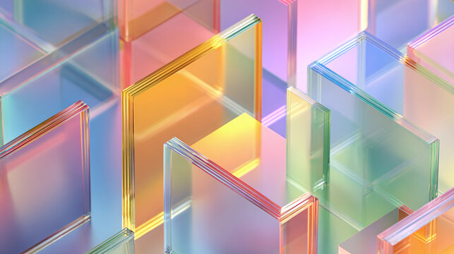 Abstract composition of glass blocks in vibrant hues, showcasing geometry and light