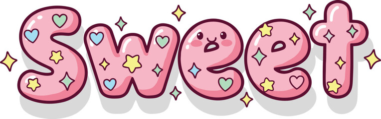 Sweet text in playful bubble font with hearts, stars, sparkles, kawaii cartoon lettering design, cheerful dessert theme, cad drawing flat vector illustration